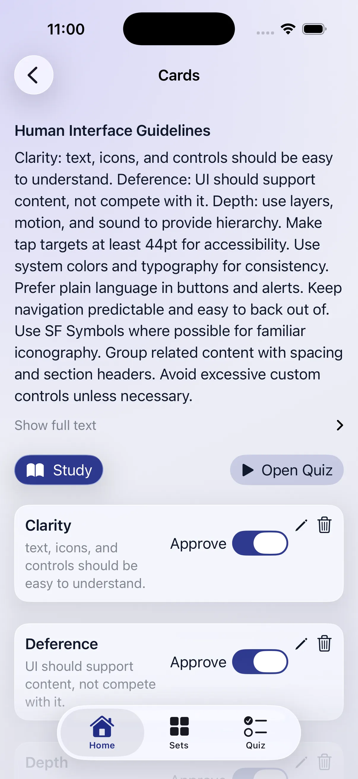 QuickStudy card review list