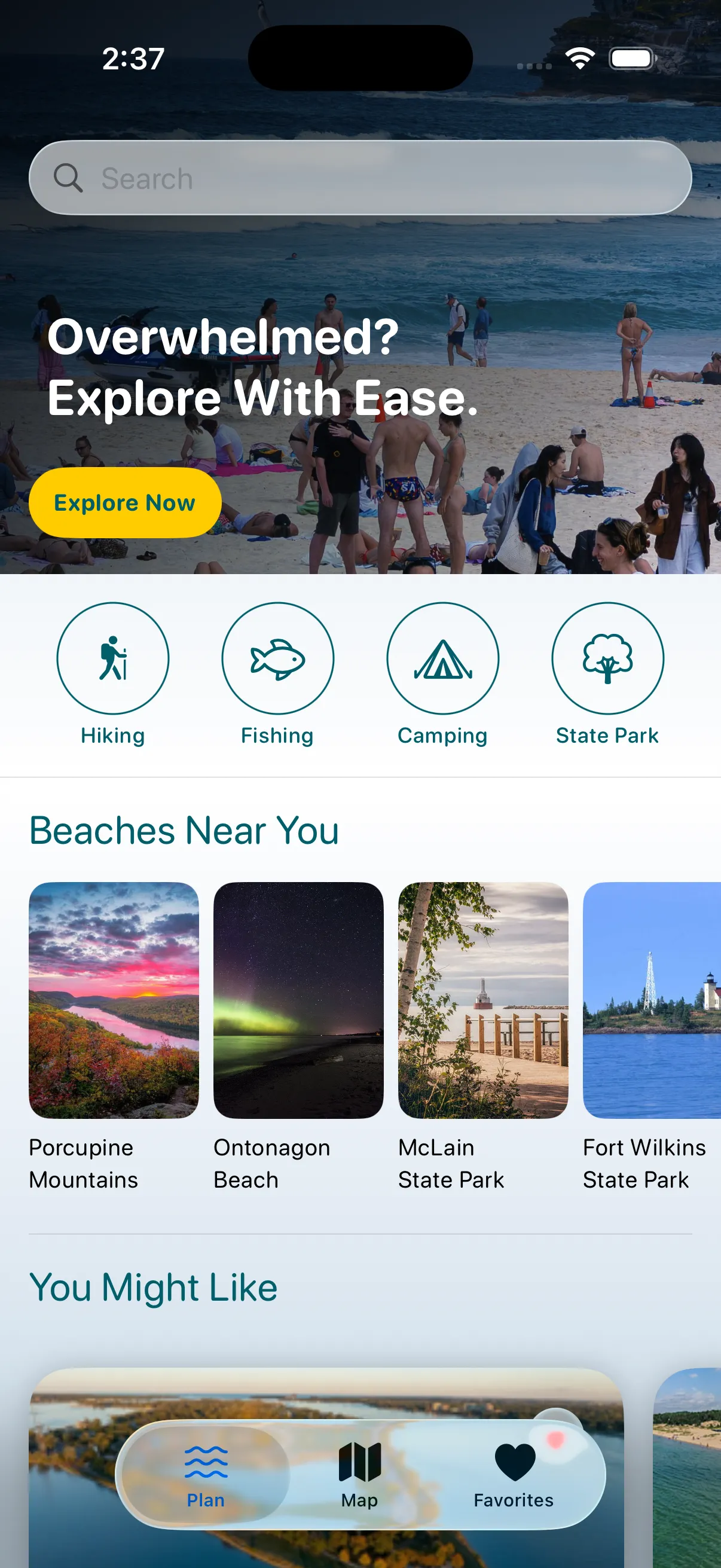 CoastCast home screen with nearby beaches