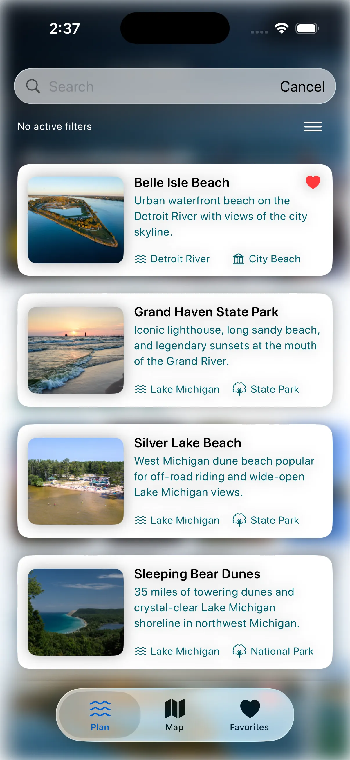 CoastCast search and filter screen