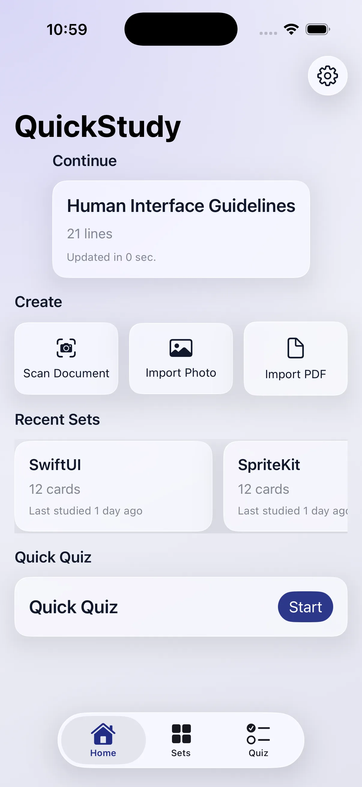 QuickStudy import source screen